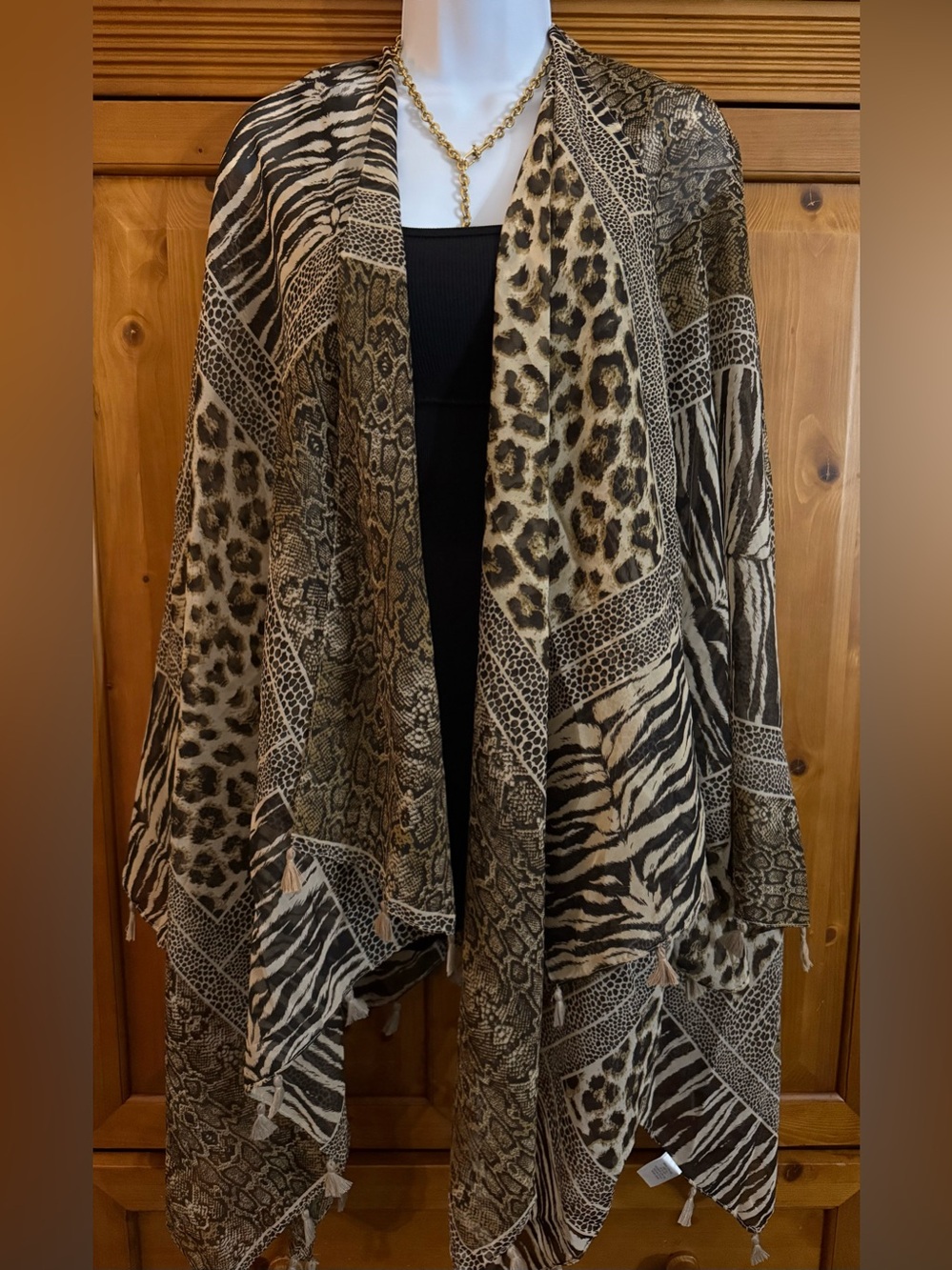 Animal Print Open Front Wrap Jacket - Beige Black